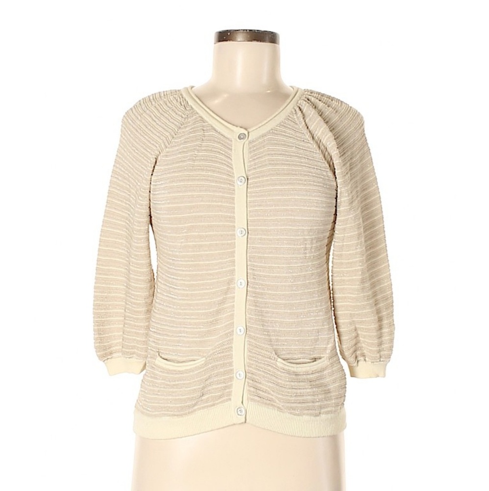 🪶 Guinevere Anthropologie Linen Cotton Metallic Stripe V-Neck Cardigan Sweater
